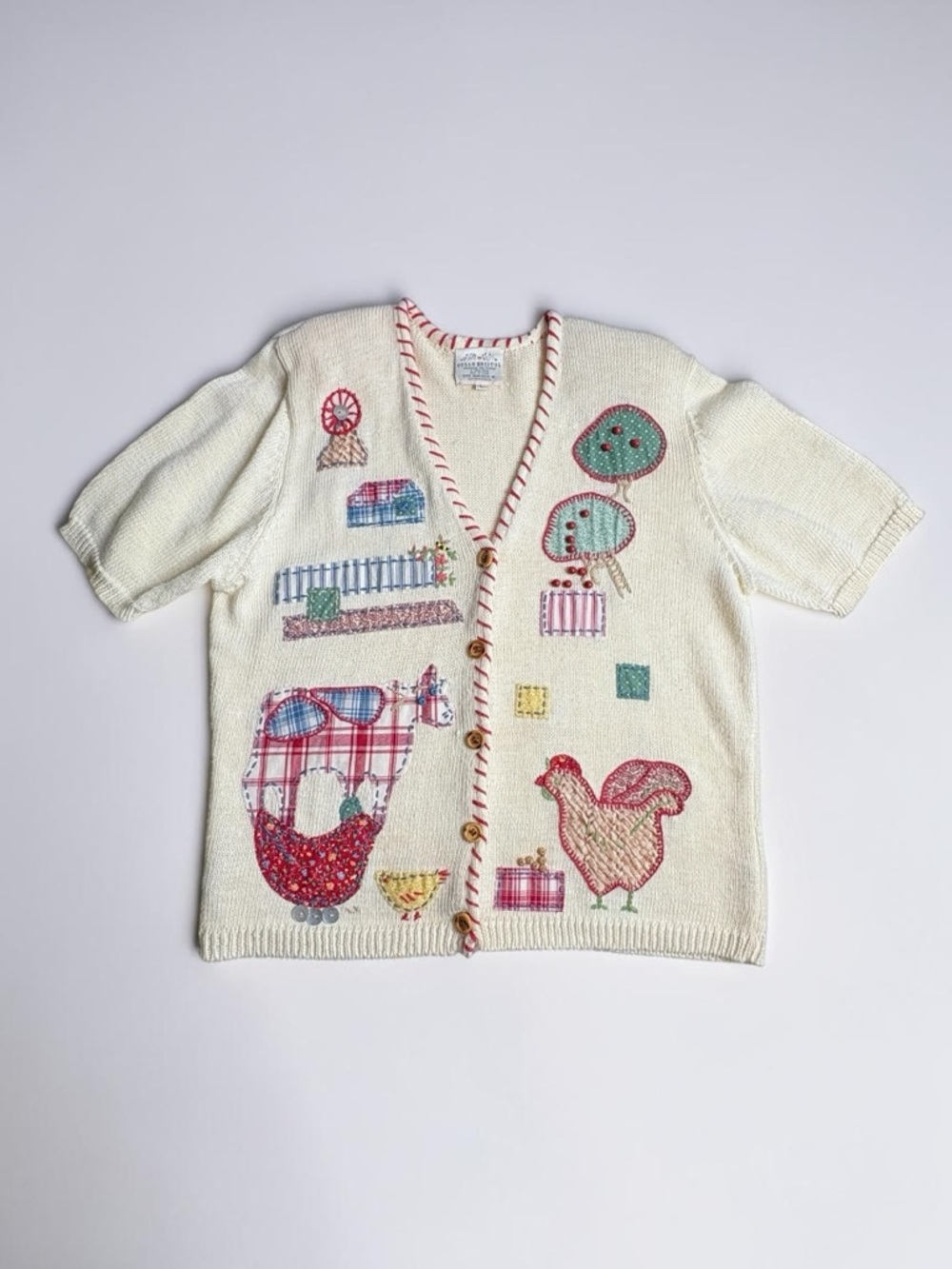 VTG 1995 Susan Bristol Hand Embroidered Farm Scene Cardigan • L • Ramie Cotton